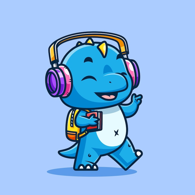 Vector gratuito dinosaurio lindo escuchando música con auriculares y trae una mochila de dibujos animados icon vector ilustración plana