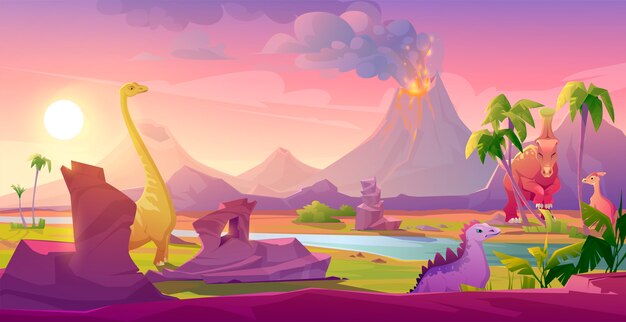 Dinosaurios en erupción volcán paisaje tropical