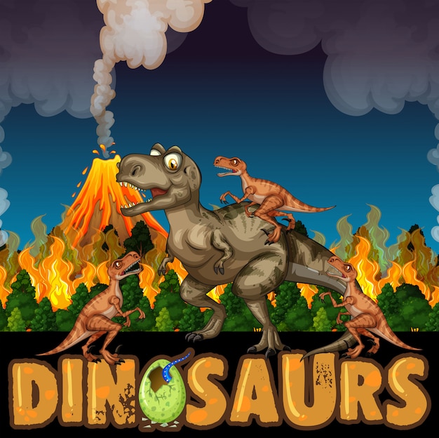 Vector gratuito los dinosaurios escapan de los volcanes y los incendios forestales