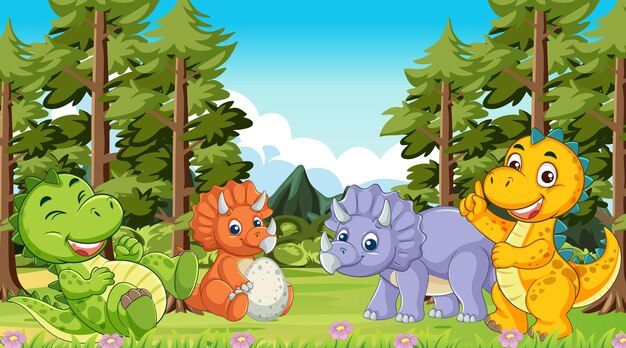 Dinosaurios juguetones en un entorno forestal