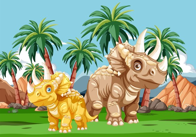 Los dinosaurios en un paisaje tropical