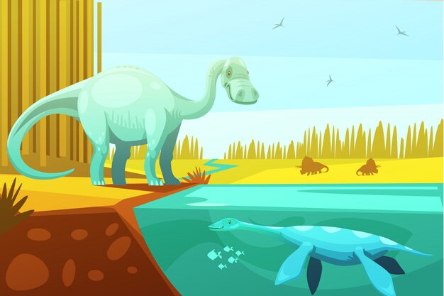 Dinosaurios y tortugas prehistóricas de dibujos animados de animales para niños