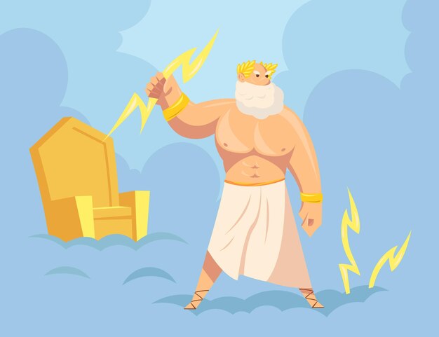Dios griego Zeus arrojando relámpagos desde el cielo