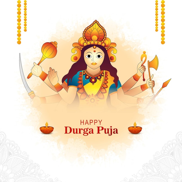 Diosa Durga Face en Happy Durga Puja card background