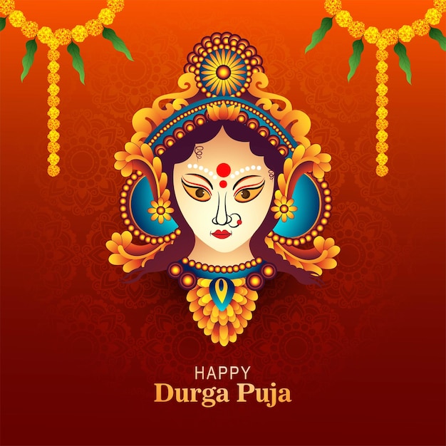 Diosa Durga Face en Happy Durga Puja card background