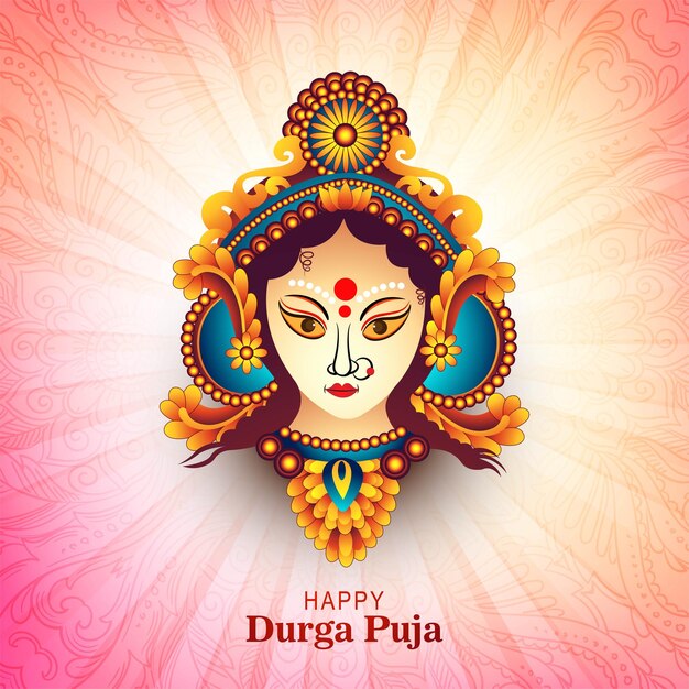 Diosa Durga Face en Happy Durga Puja card background