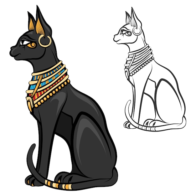 Diosa gato bastet de egipto. dios egipcio, antigua figurilla sentada, felino estatua negra, estatuilla de recuerdo, ilustración vectorial