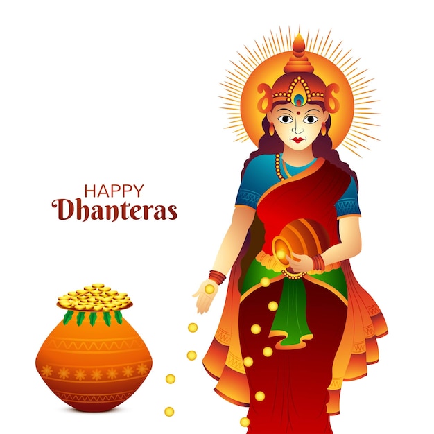 Diosa maa laxmi ilustración con monedas para el festival indio haapy dhanteras fondo