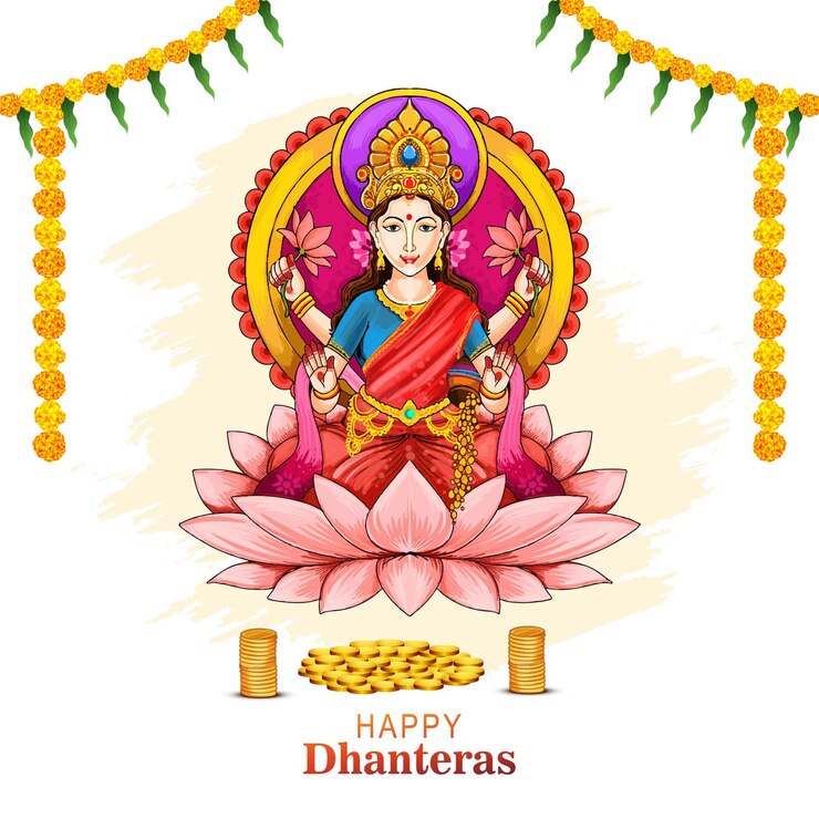 Vector gratuito diosa maa laxmi con monedas para el fondo del festival indio dhanteras