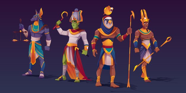 Dioses egipcios Anubis, Ra, Amon y Osiris. Personajes de las deidades del antiguo Egipto en ropa de faraón con atributos divinos de poder como escalas con monedas de oro y bastones, ilustración vectorial de dibujos animados