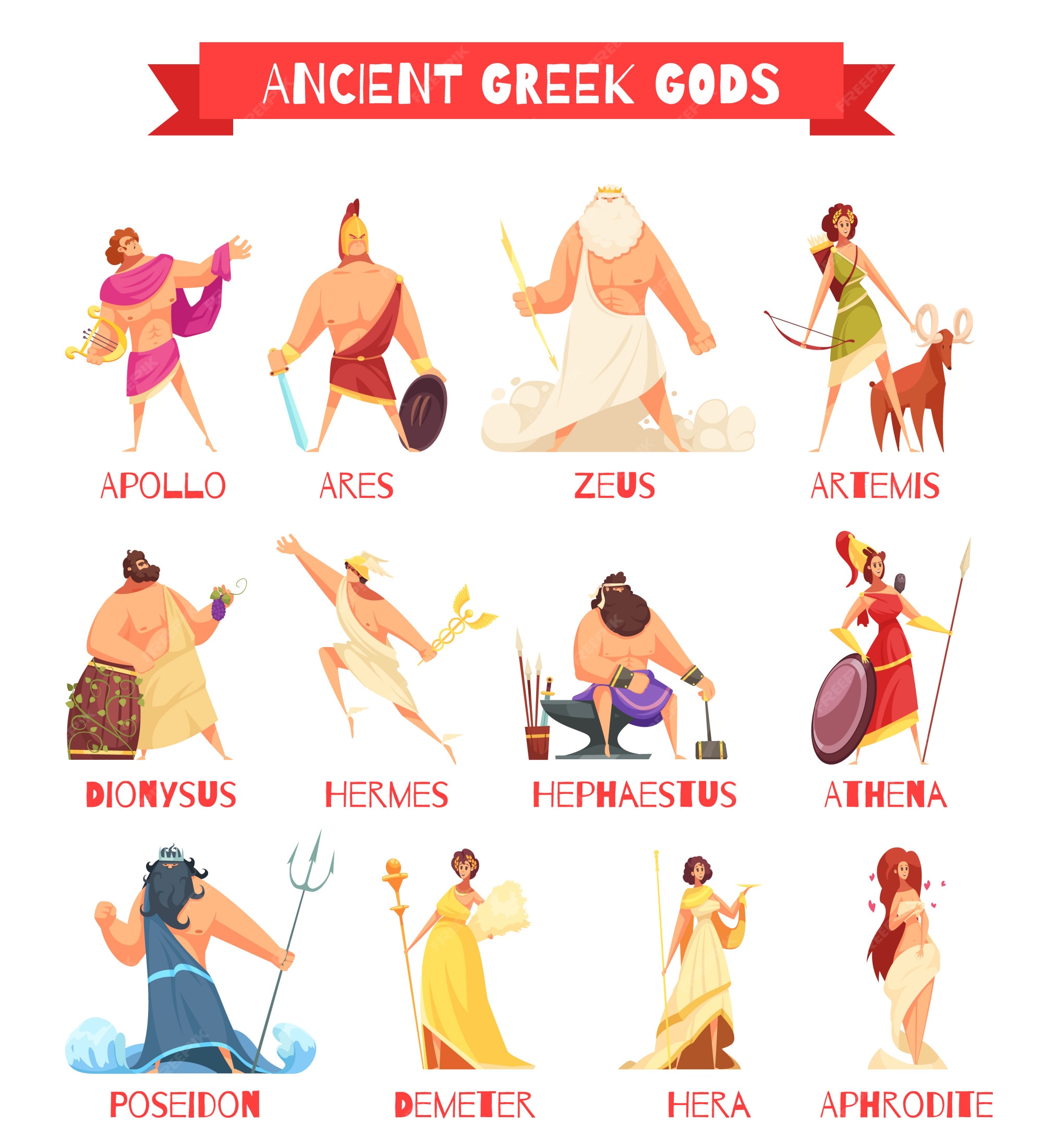 Dioses griegos antiguos 12 figuras de dibujos animados de tira con zeus  poseidon hera hermes athena aislado | Vector Gratis