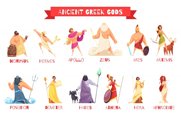 Dioses griegos antiguos 2 figuras de dibujos animados horizontales con dioniso zeus poseidón afrodita apolo atenea