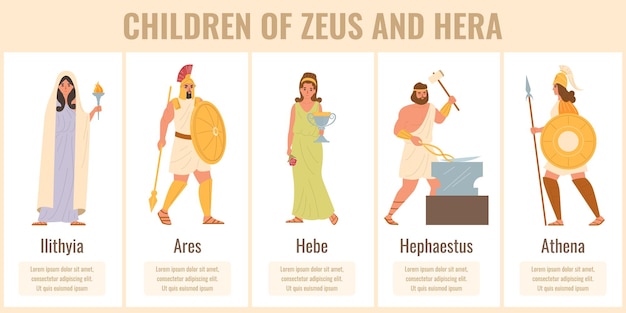 Vector gratuito dioses olímpicos planos con hijos de zeus y hera ilustración vectorial