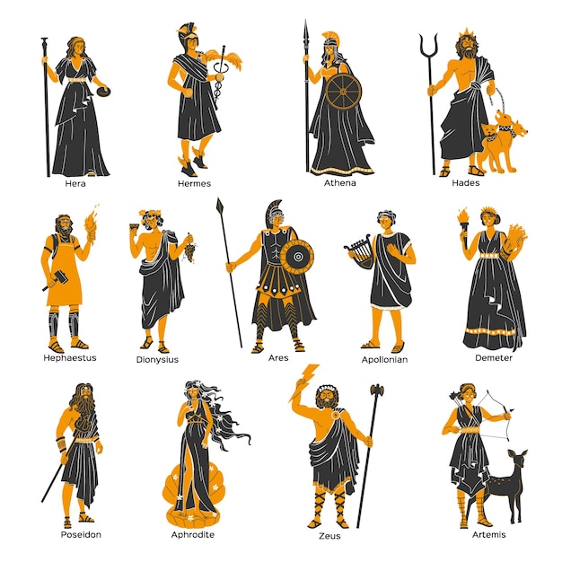Dioses del Olimpo conjunto plano de apolo poseidón artemisa deméter hera hermes atenea zeus personajes aislados ilustración vectorial