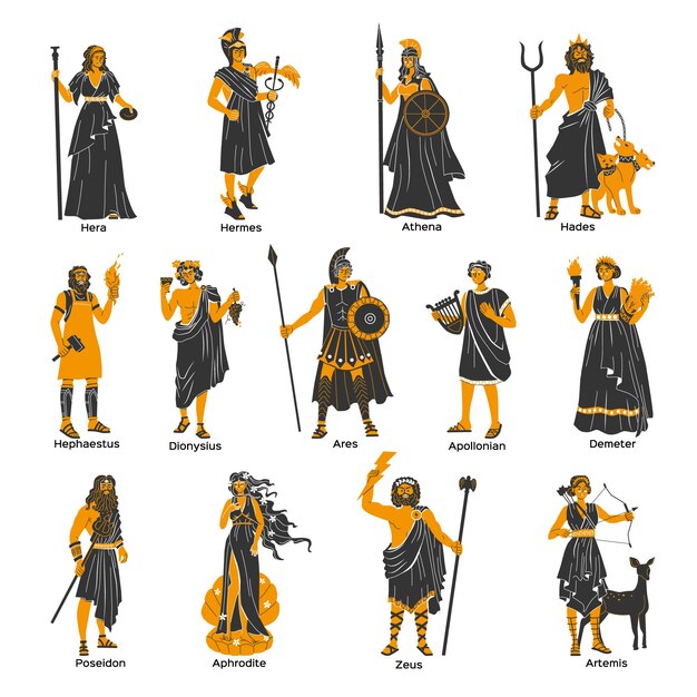 Dioses del Olimpo conjunto plano de apolo poseidón artemisa deméter hera hermes atenea zeus personajes aislados ilustración vectorial