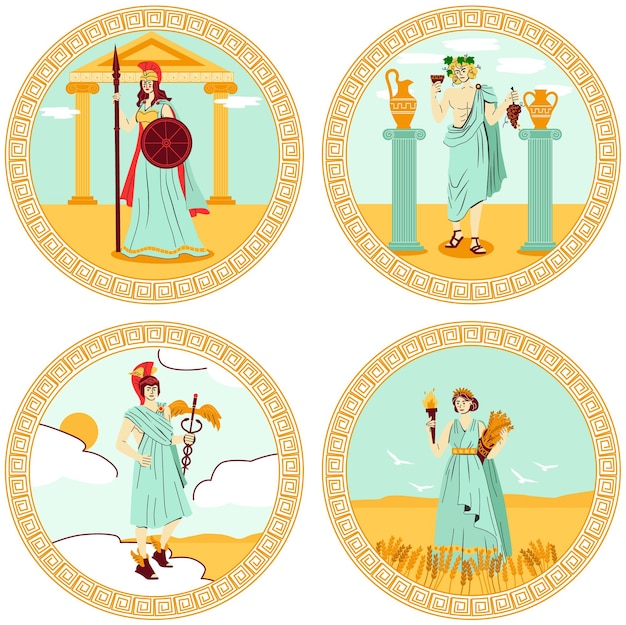 Vector gratuito dioses del olimpo cuatro emblemas redondos de colores con hermes athena demeter dionisio personas ilustración vectorial aislada plana