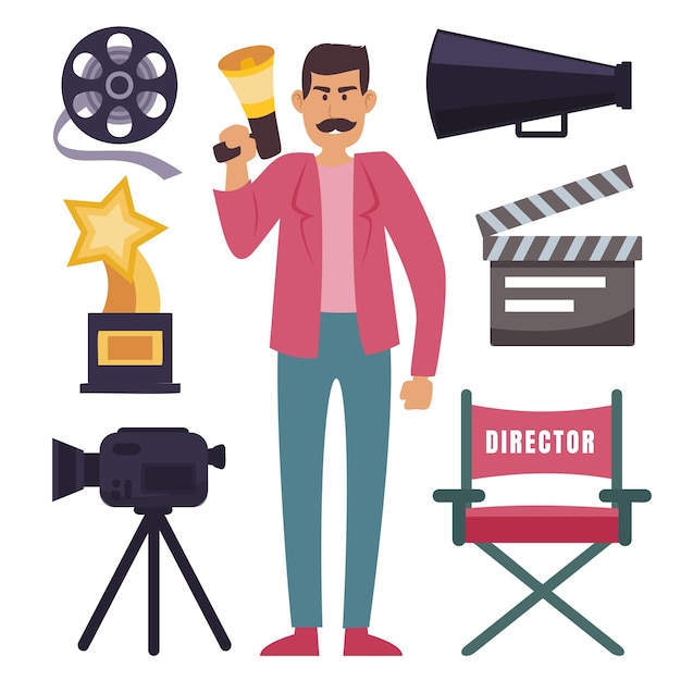 Vector gratuito director de cine hombre con equipo para el set de creación de películas