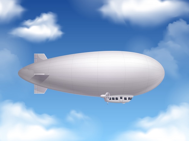 Dirigible en el cielo realista con símbolos de transporte aéreo