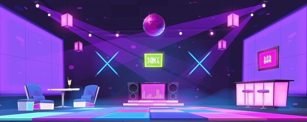 Discoteca con barra de bar, mesas, consola de dj y pista de baile iluminada por bola de discoteca y focos. Interior de dibujos animados vector de fiesta nocturna en club de baile con escena brillante y lámparas de neón