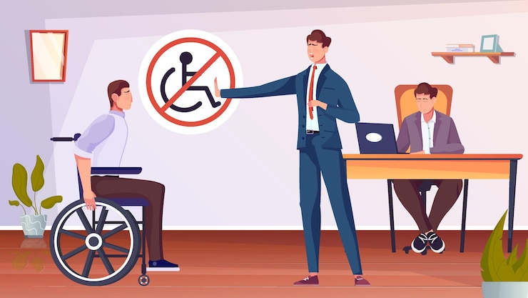 Vector gratuito discriminación de personas discapacitadas con hombre en silla de ruedas ilustración plana