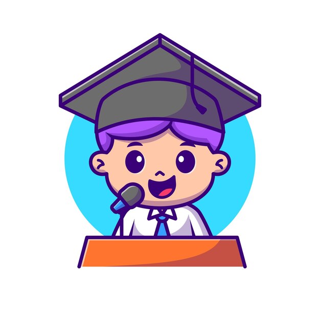 El discurso de graduación de Cute Boy Vector de dibujos animados Icon Ilustración de personas Educación Vector plano aislado