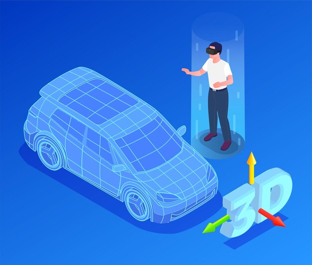 Diseñador de coches con modelo 3d e ilustración vr.
