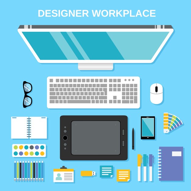 Diseñador gráfico de estudio de herramientas de trabajo de la vista superior ilustración vectorial