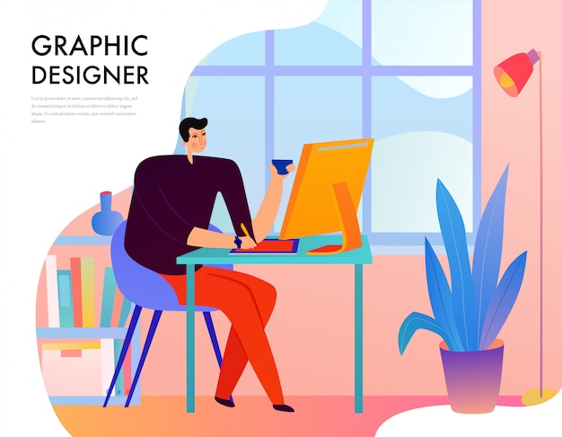 Vector gratuito diseñador gráfico durante el trabajo creativo detrás del escritorio con computadora en ventana plana