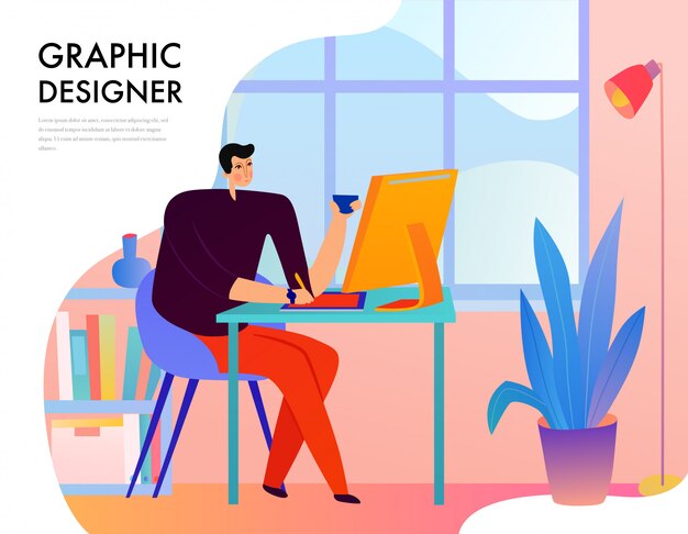 Diseñador gráfico durante el trabajo creativo detrás del escritorio con computadora en ventana plana