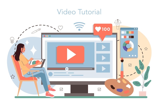 Diseñador de servicio o plataforma en línea Diseñador de anuncios o ilustrador gráfico Artista que crea publicidad moderna Tutorial en video Vector de ilustración plana