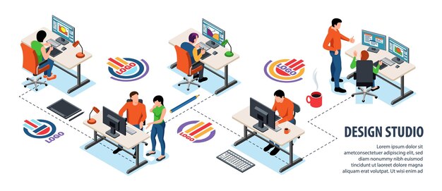 Diseñadores e ilustradores en el trabajo en el estudio de diseño infografía isométrica 3d ilustración vectorial