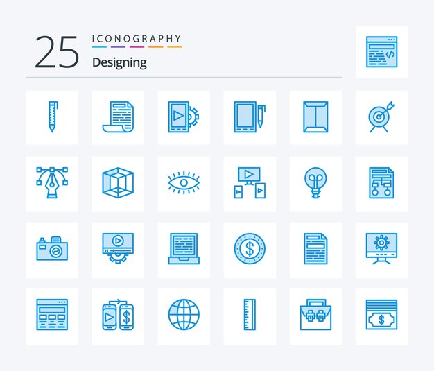 Diseño de 25 paquetes de iconos de color azul que incluyen un diseño de bastidor de configuración abierta