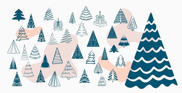 Diseño de adornos de árbol de navidad dibujado a mano en conjunto