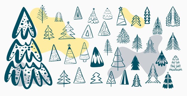 Diseño de adornos de árbol de navidad de estilo doodle en setvector