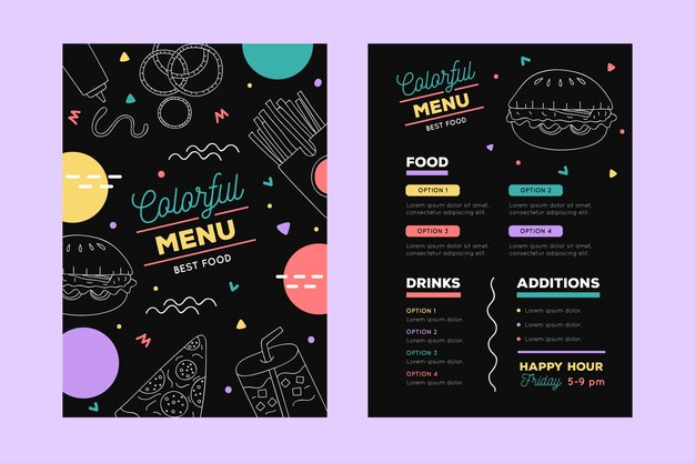 Diseño artístico para plantilla de menú de restaurante.