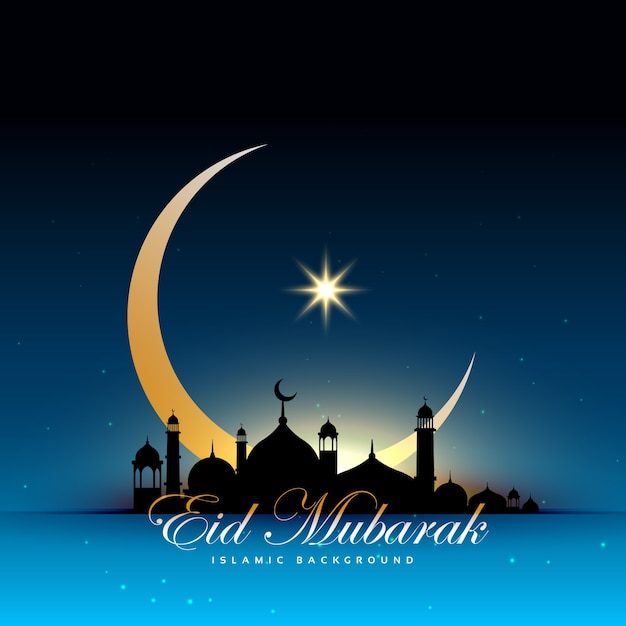 Vector gratuito diseño azul de eid mubarak con mezquita y luna