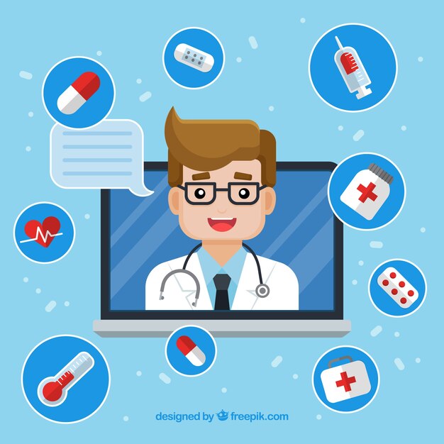 Vector gratuito diseño azul de médico online con iconos