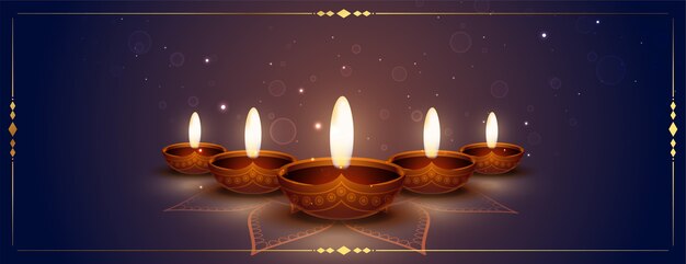 Diseño de banner brillante diya realista feliz diwali