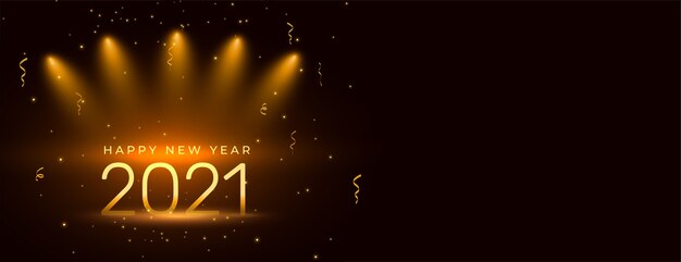 Diseño de banner de celebración de feliz año nuevo 2021 con confeti