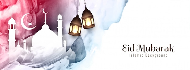 Diseño de banner colorido festival abstracto Eid Mubarak