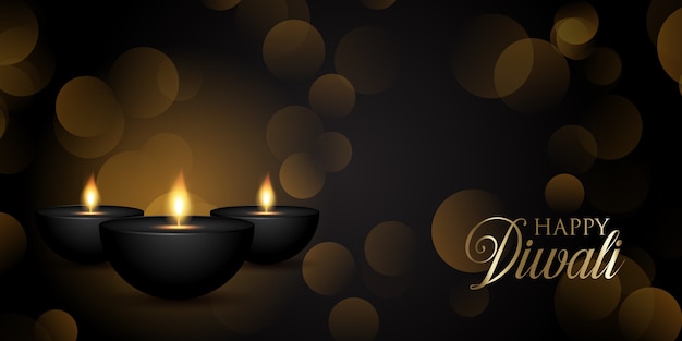 Diseño de banner decorativo de Diwali con lámparas de aceite y luces bokeh