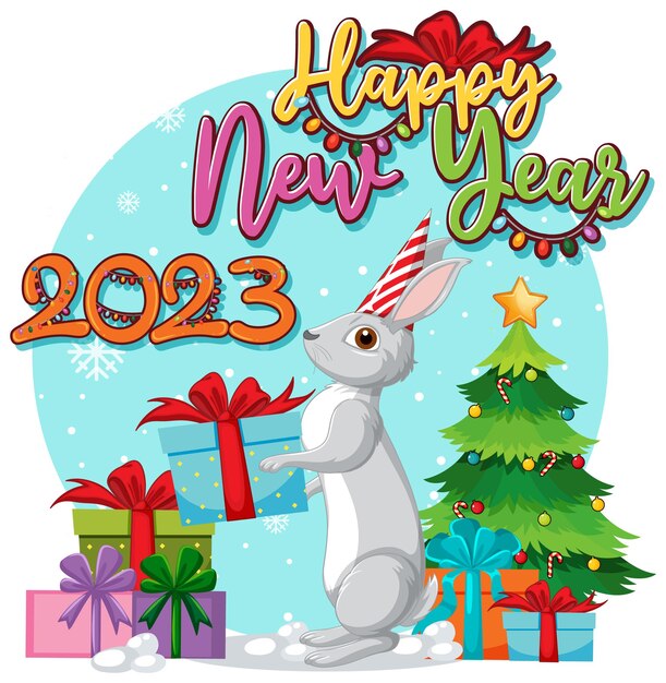 Diseño de banner de feliz año nuevo con lindo conejo