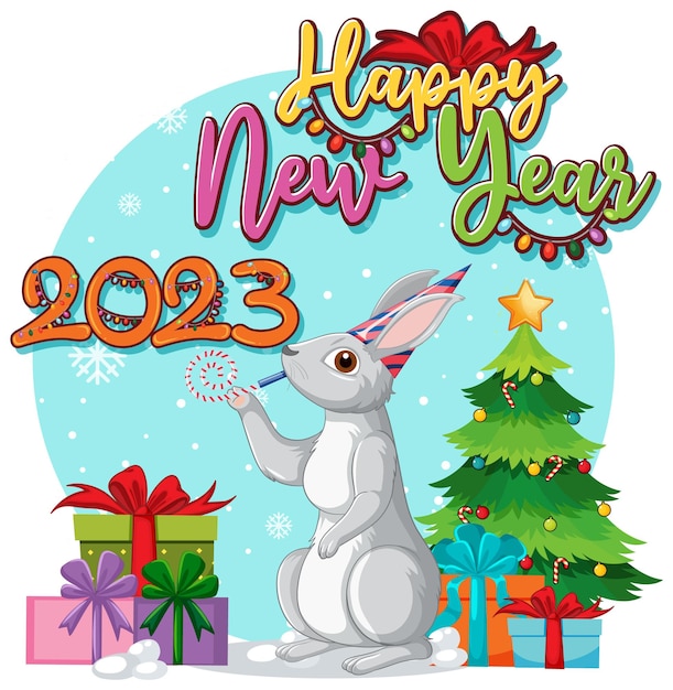 Vector gratuito diseño de banner de feliz año nuevo con lindo conejo