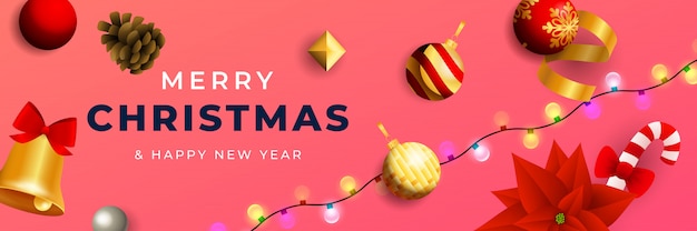 Diseño de banner de feliz Navidad con bolas brillantes.