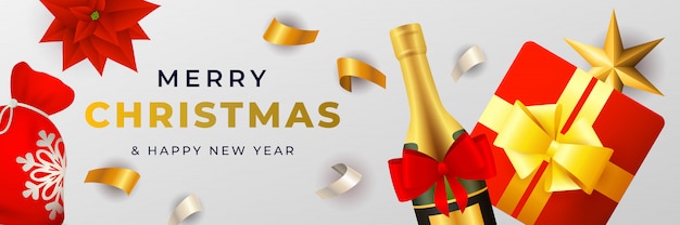 Diseño de banner de feliz navidad con champagne y caja de regalo.