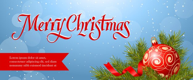 Diseño de banner de feliz Navidad. Chuchería roja, serpentina