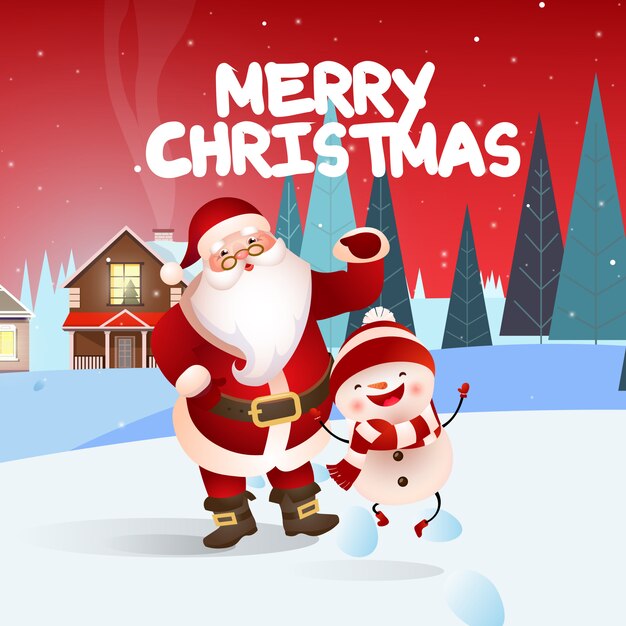 Diseño de banner festivo de feliz Navidad con Santa y muñeco de nieve