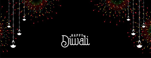 Diseño de banner de fuegos artificiales feliz diwali con diya