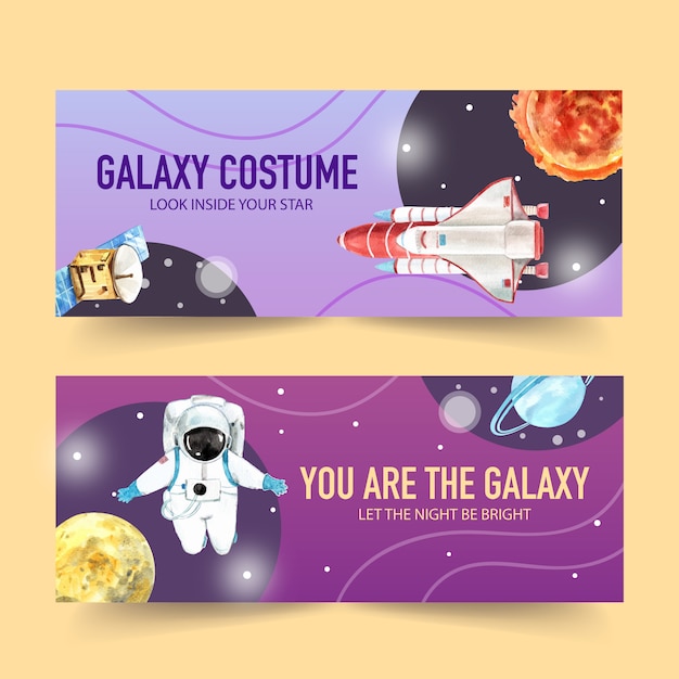 Vector gratuito diseño de banner galaxy con satélite, cohete, astronauta, planeta ilustración acuarela.