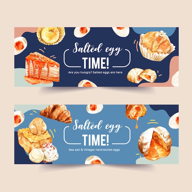 Diseño de banner de huevo salado con croissant, pastel de crepe, tostadas ilustración acuarela.